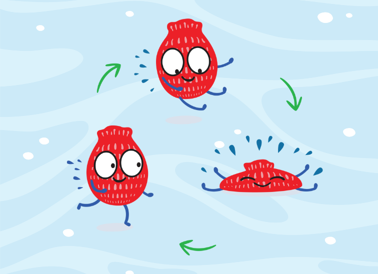 A cartoon of three EcoSplat Reusable Water Balloons made by best New Zealand toy brand Sustained Fun. The cartoon Splats are in a circle, one is running, one is jumping and one has splatted on the ground.