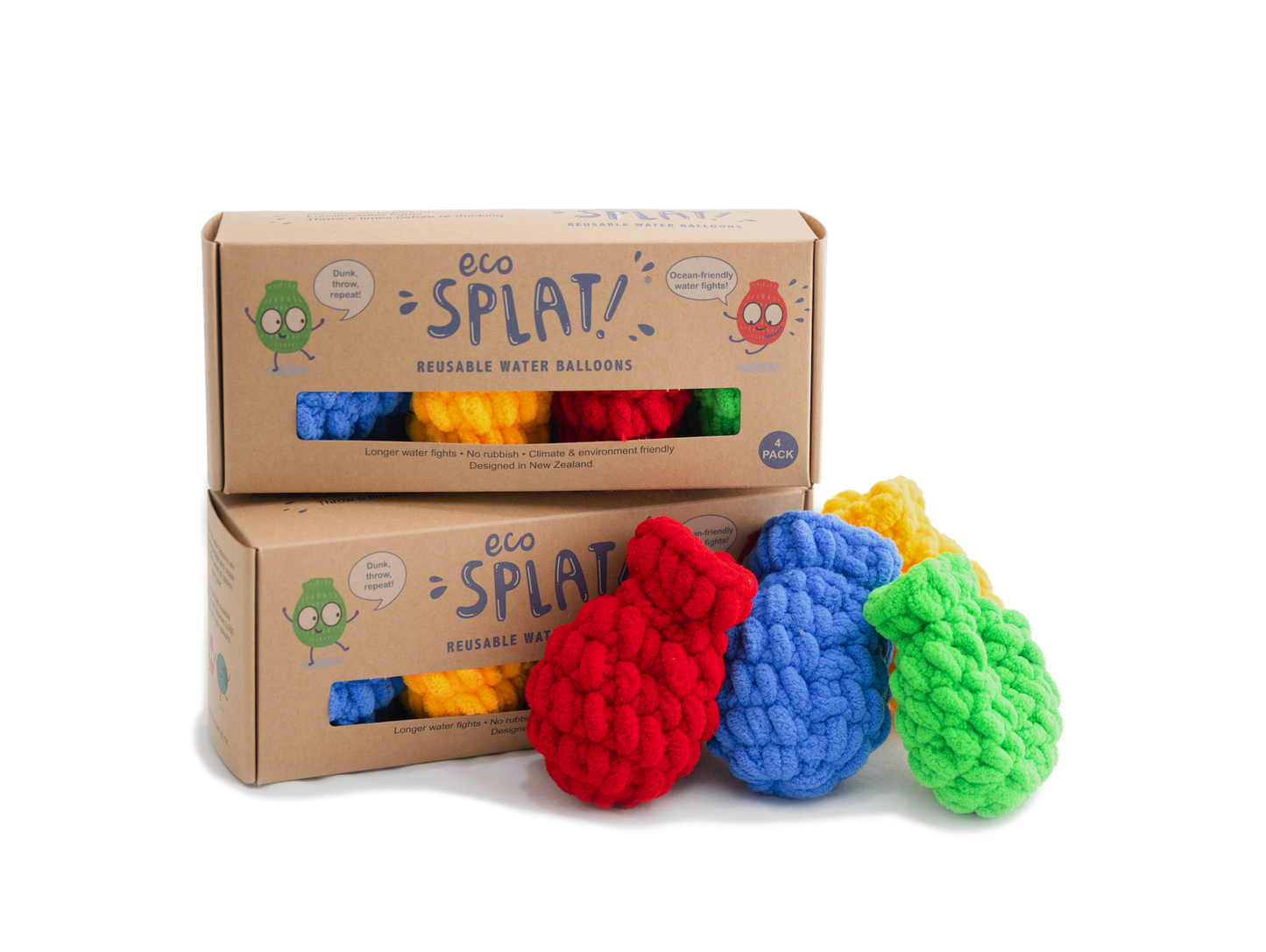 2 packs of EcoSplat Reusable Water Balloons with 4 loose Ecosplat reusable water balloons (red balloon, blue, green, yellow) next to the boxes.