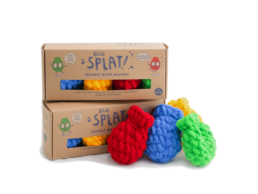 2 packs of EcoSplat Reusable Water Balloons with 4 loose Ecosplat reusable water balloons (red balloon, blue, green, yellow) next to the boxes.