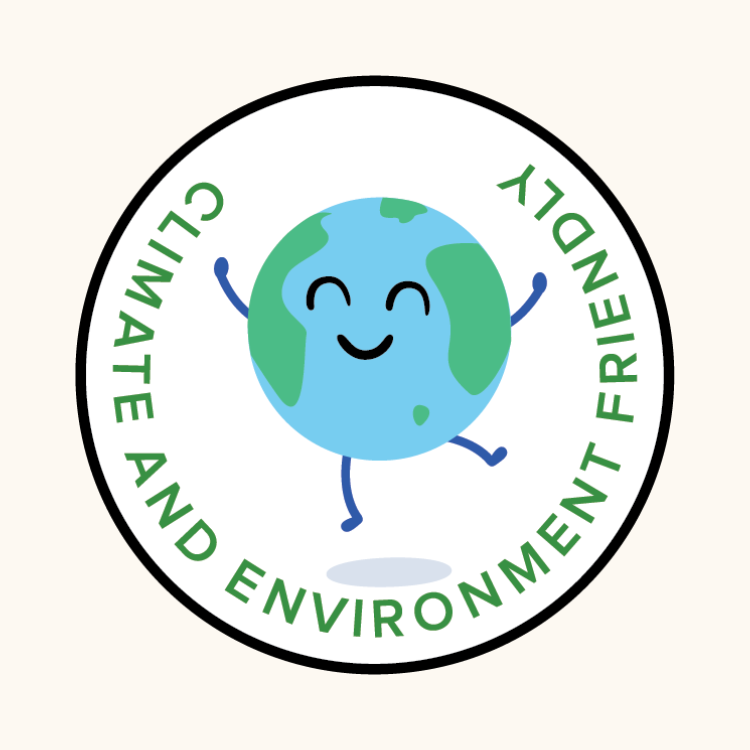 Logo showing a cartoon of a smiling, dancing earth in a circle. Surrounded by the words "Climate and Environment Friendly"