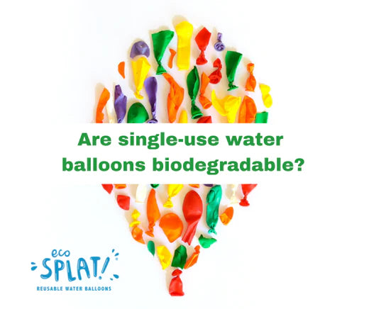 Used, multi-coloured single-use water balloons laid out in the shape of a balloon. The text across the middle of the balloon shape reads "Are single-use water balloons biodegradable?" The EcoSplat reusable water balloons logo is in the bottom left corner.