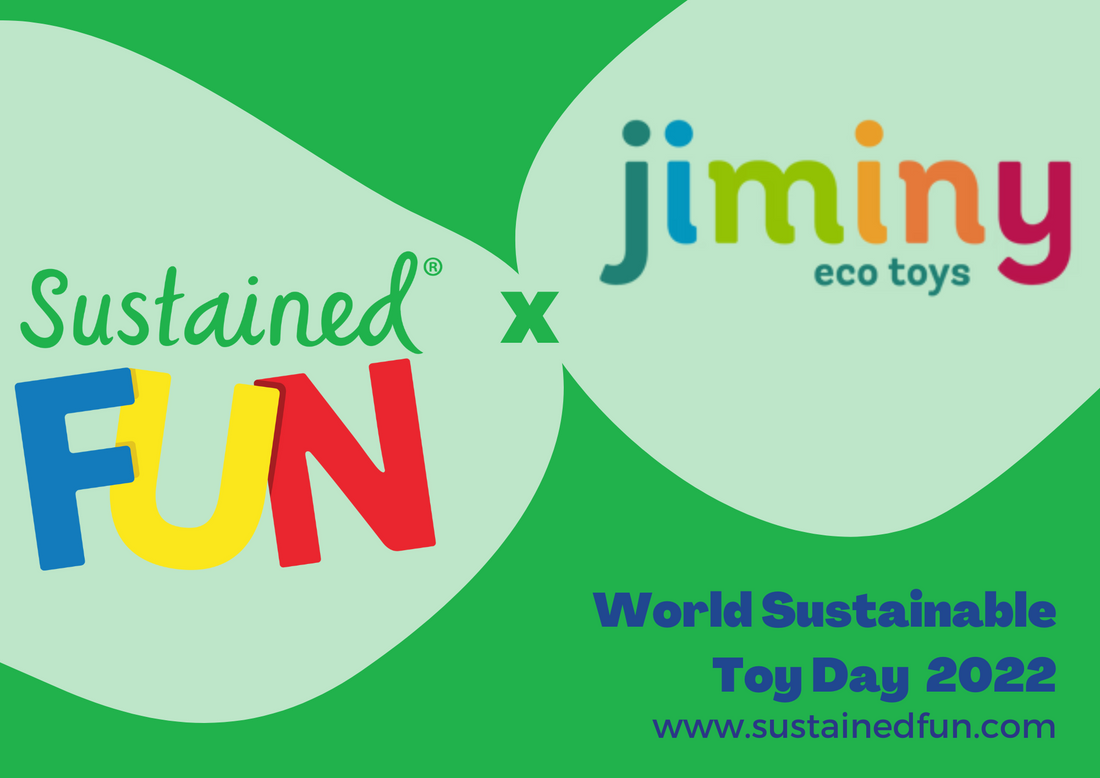 The logos of Sustained Fun and Jiminy Eco Toys. Text at the bottom reads 'World Sustainable Toy Day 2023' and www.sustainedfun.com