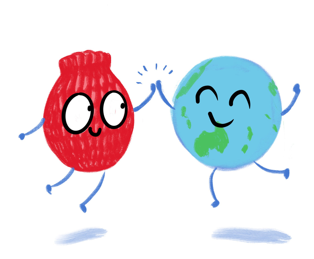 A cartoon red water balloon character hi fiving a carton earth. Both are smiling and jumping in the air
