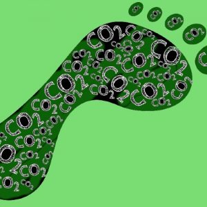 A cartoon of a footprint made up of the repeating symbol CO2. The background is green.