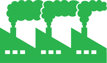 A cartoon of a factory with smoke coming out of the chimneys