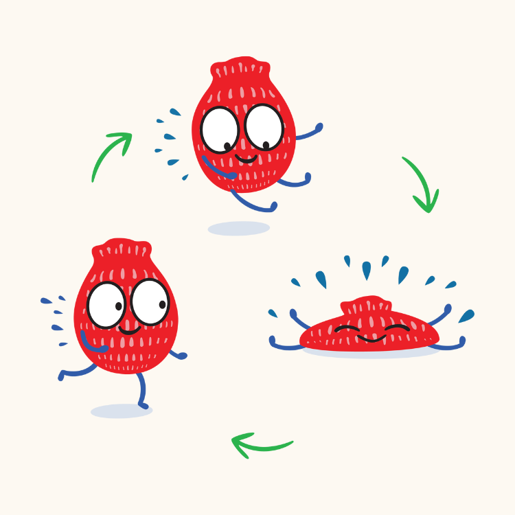 A cartoon of three EcoSplat reusable water balloon Splats. The are in a circle - one is jumping, one is splatted on the ground and one is running.