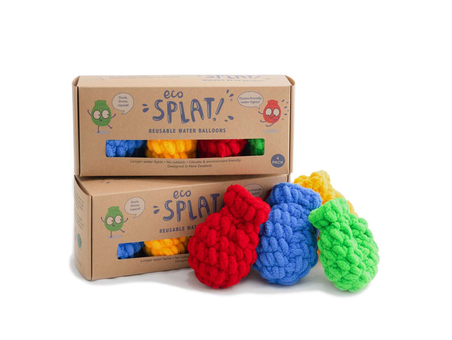 2 packs of EcoSplat Reusable Water Balloons with 4 loose Ecosplat reusable water balloons (red balloon, blue, green, yellow) next to the boxes. 