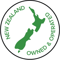 Logo showing New Zealand with the text New Zealand Owned and Operated