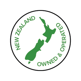 New Zealand Owned and Operated icon with a green map of New Zealand in a black circle