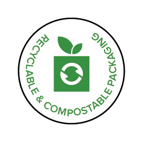 A green icon of a box with leaves at the top and a stylised recycling arrows. Words say Recyclable & Compostable Packaging