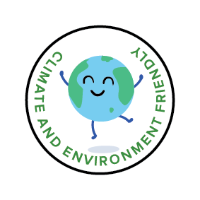 A smiling carton earth with a face and arms and legs, dancing. Words say Climate and Environment Friendly
