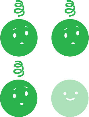 Four green cartoon faces. Three of them look worried and have a worried squiggle on the top of their heads. One of the cartoon faces is faded out and smiling.