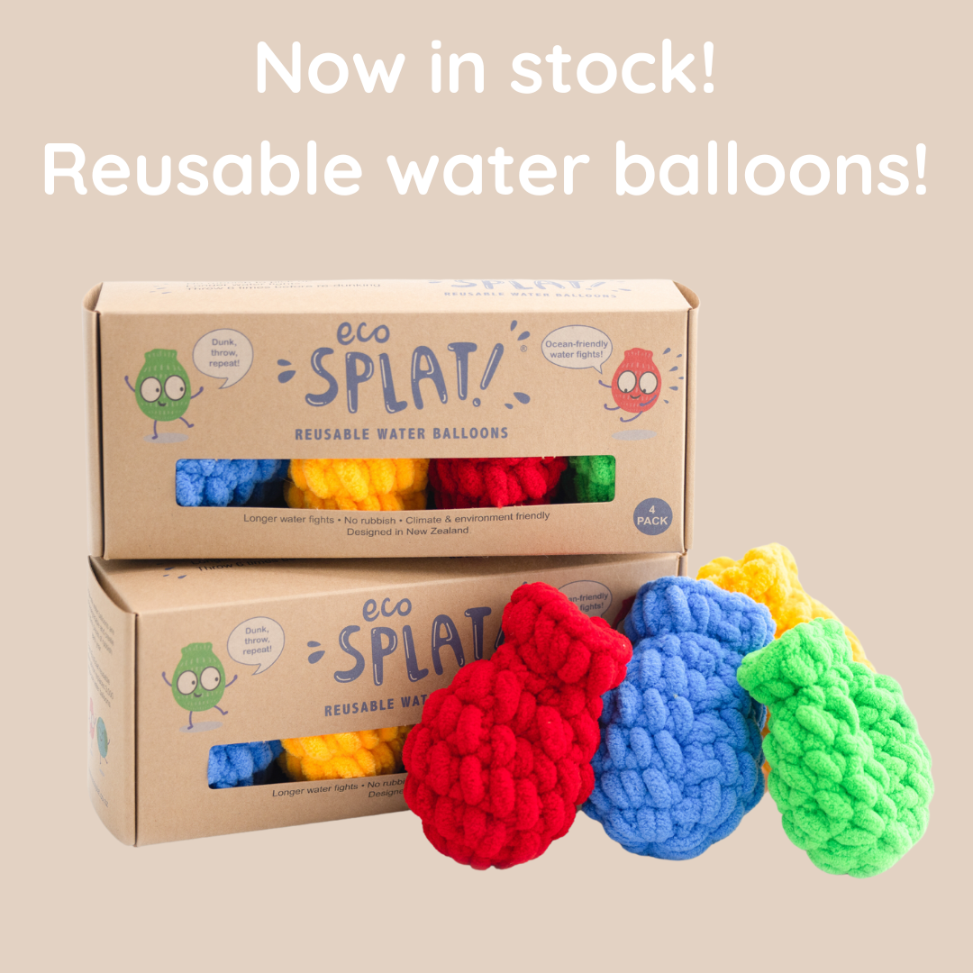 Two packs of EcoSplat Reusable Water Balloons stacked on top of each other with 4 EcoSplat Reusable Water Balloons next to the boxes. The text says "Now in stock! Reusable water balloons!"