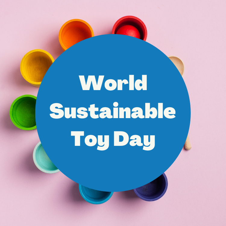 The logo of World Sustainable Toy Day over different coloured paint pots.