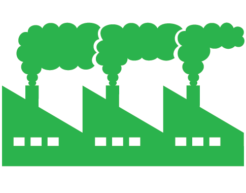 A green cartoon factory with smokestacks